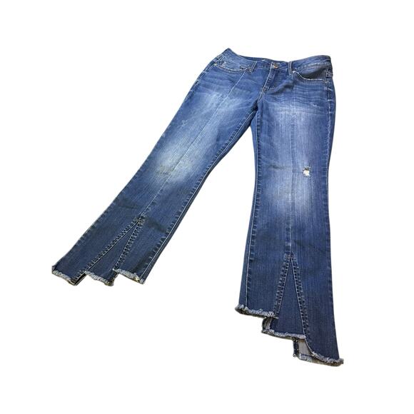 7 For All Mankind Women’s Mid Rise Flare Jeans Size 6 Blue Raw Hem Split Leg - Picture 2 of 6